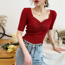 Square collar ice silk French knitted base shirt 2020 summer short-sleeved T-shirt female sense short high waist thin bm top