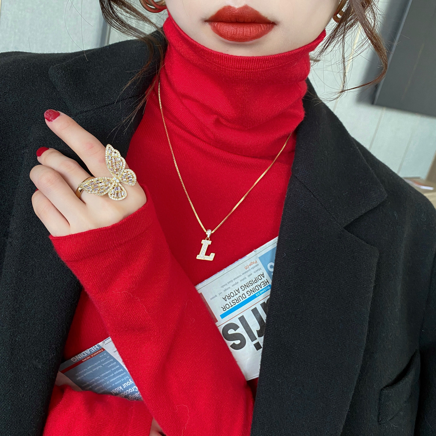 New Year's red sweater women's 2022 new high collar knit undershirt women's autumn winter sets up for a burst of foreign blouses