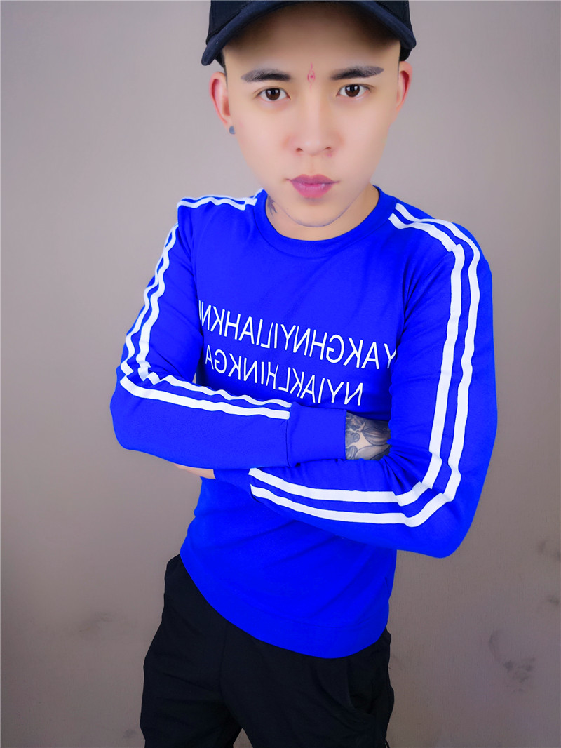 Nhanh tay đỏ man lưới đỏ với áo thun nam quần áo mùa thu Phiên bản Hàn Quốc của thủy triều Slim áo sơ mi tinh thần xã hội dài tay áo thun có cổ nam
