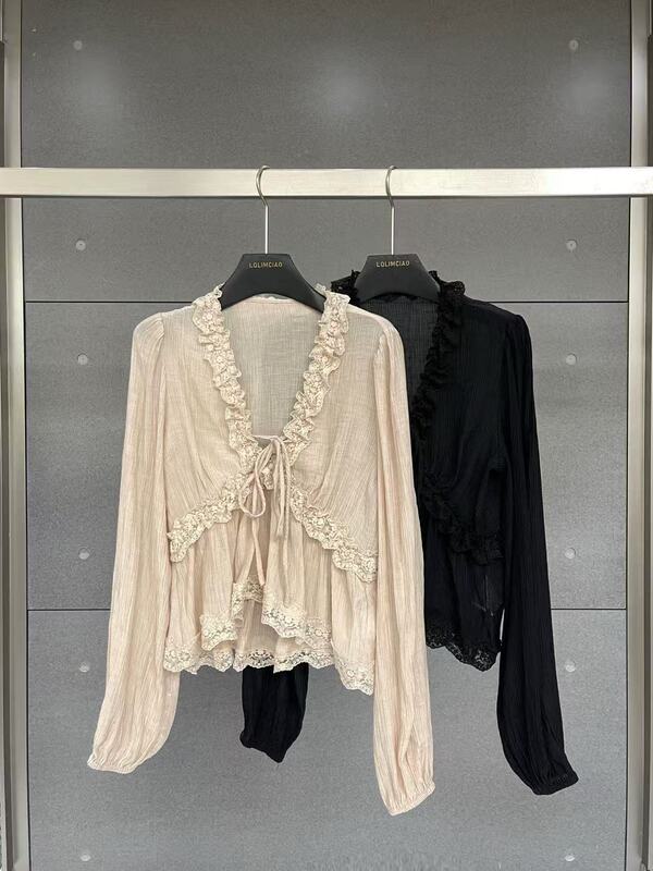 Lq Limciao Genuine Spring and Summer New Collection, Very Elegant Lace Patchwork V-Neck Blouse for Women