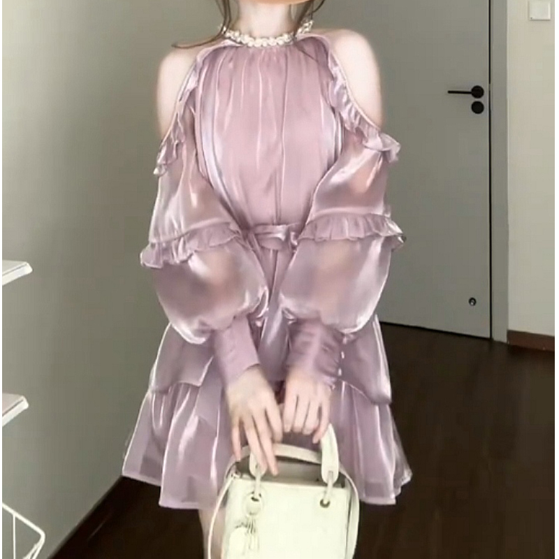 Pearl Halter Neck Satin Dress 2025 Spring and Summer Resort Style Short Skirt Gentle Purple Fairy Tutu Skirt