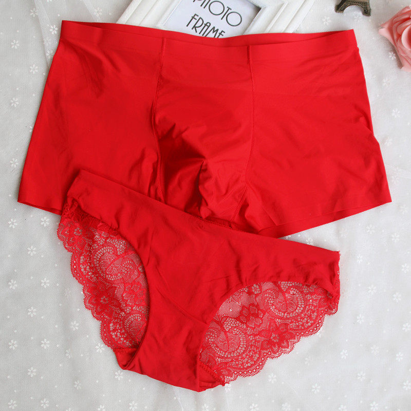 New couple's underwear lace ice silk ultra-thin fire and low waist men and women lingerie suit Spice Red Flat Angle Triangle