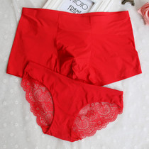 New couple underwear lace ice silk ultra-thin hot low-waist mens and womens underwear set fun red flat triangle