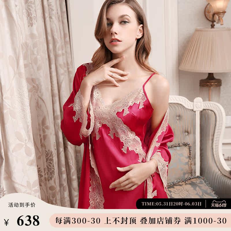 Married bride red silky pajamas spring autumn silkrobe dress dress sexy sauna silk dress two pieces