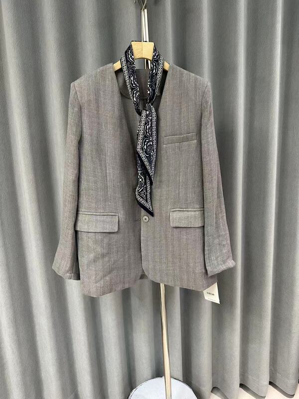 European Style New Fashion V-Neck Ribbon Simple Versatile Slimming Thin Hemp Elegant Blazer for Women Trendy