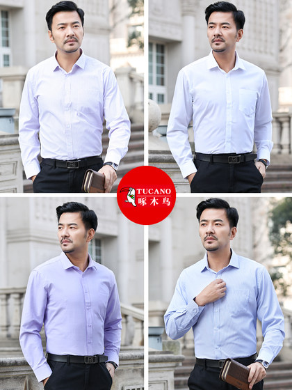 啄木鸟衬衫男长袖商务正装免烫中年宽松大码粉红色棉衬衣春夏薄款