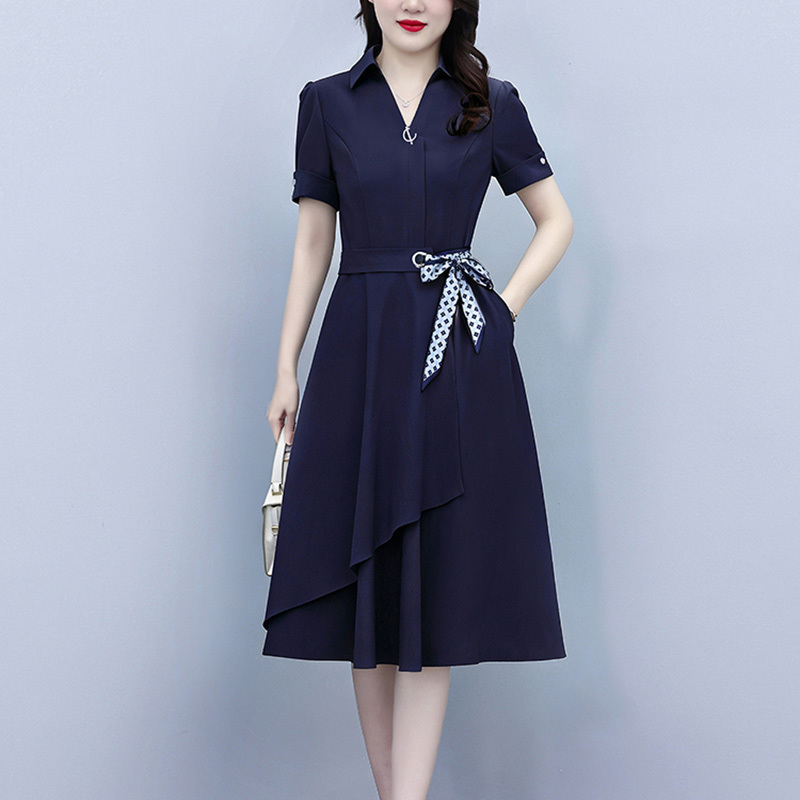 Fashionable and High-End Suit Shirt Dress for Women, New Summer Style, Waist-Cinching, Slimming, Elegant, Age-Reducing, Mid-Length Skirt