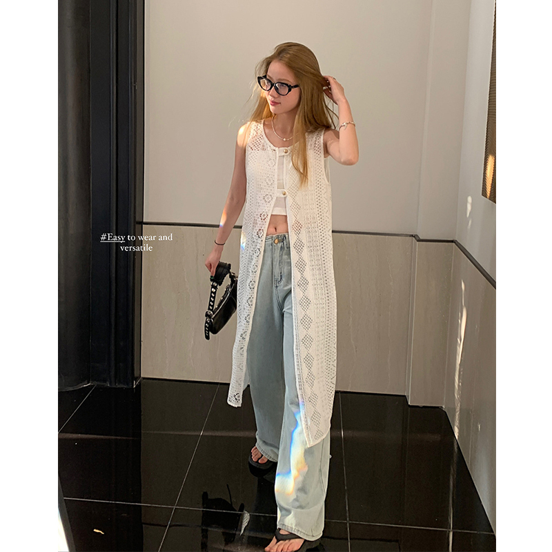 Lace Hollow-Out Knitted Camisole Vest Dress for Women, Summer Wear, Long Cardigan for Layering Lace Hollow-Out Knitted Camisole Vest Dress for Women, Summer Wear, Long Cardigan for Layering