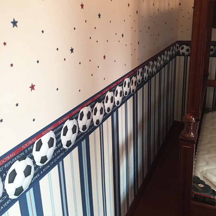 Boy's room bedroom wall cloth football waistline blue five-pointed star vertical stripes British style seamless wall cloth children's room