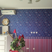  Dark blue five-pointed star star British style striped waist line wall cloth teen bedroom childrens room wall covered with paving