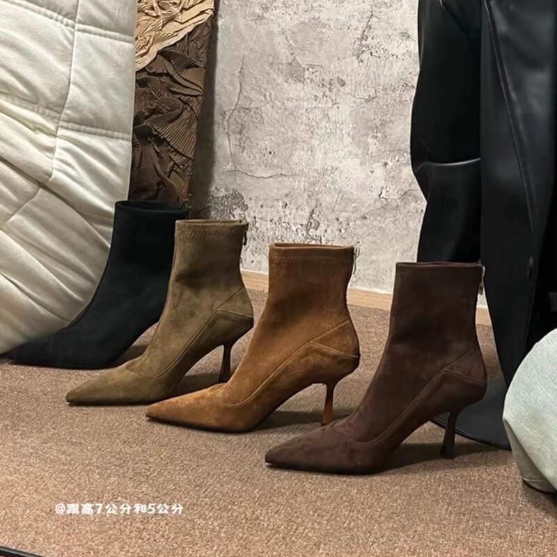 2026 Autumn/Winter New French Style Pointed Toe Slim Boots Fashionable Versatile High Heel Back Zipper Suede Fashion Boots 2026 Autumn/Winter New French Style Pointed Toe Slim Boots Fashionable Versatile High Heel Back Zipper Suede Fashion Boots