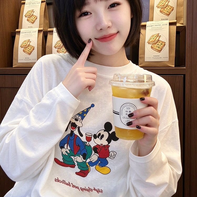 Chanel-Style Long-Sleeve T-Shirt for Women, 2026 Autumn New Model, Playful Mickey Mouse Print Top, Trendy Chanel-Style Long-Sleeve T-Shirt for Women, 2026 Autumn New Model, Playful Mickey Mouse Print Top, Trendy