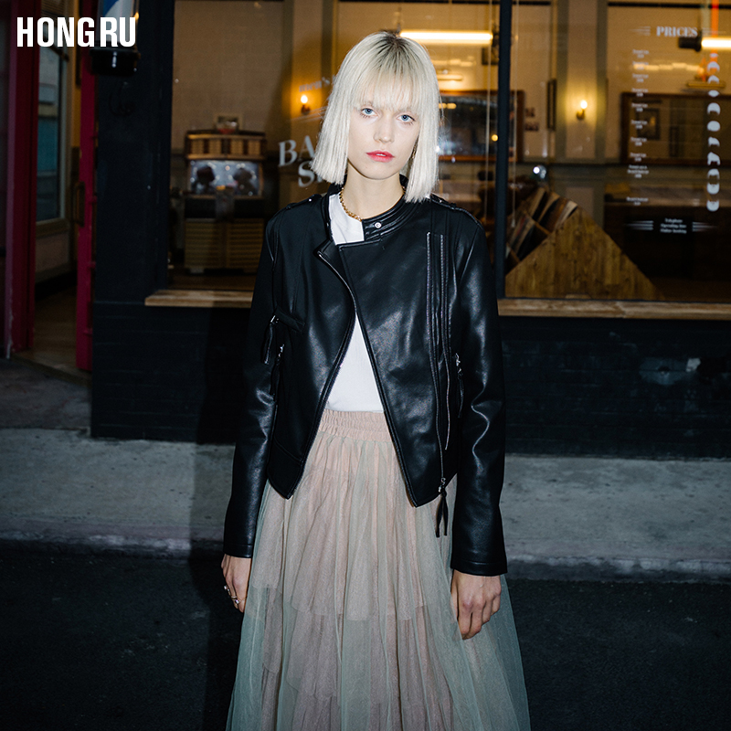 hàng HongZhuo xám 2020 mùa xuân mới ve áo eo túi áo khoác ngắn PU da phụ nữ da áo khoác của