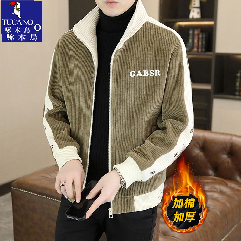 Woodpecker Corduroy Jacket for Men, Trendy Striped Short Jacket, Stylish and Cool Men's Clothing with a High-End Feel