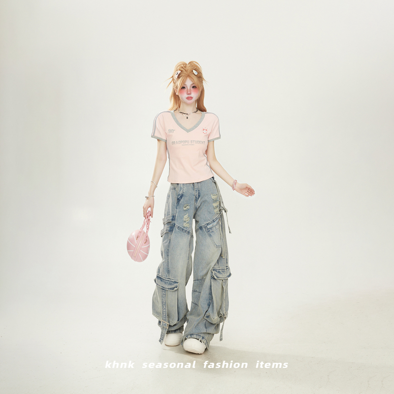 American-Style Niche Spicy Girl Slim-Fit Regular Shoulder V-Neck Short-Sleeve T-Shirt for Women 2026 New Summer Dopamine Pink Top