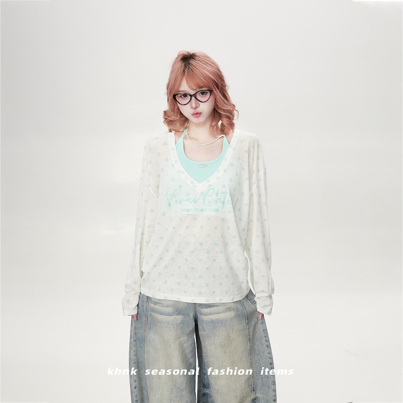 Mint Green Polka Dot Long-Sleeved T-Shirt for Women in Summer, Loose and Lazy Style, Cool Feeling, Sun Protection Blouse, Halter Top Two-Piece Set