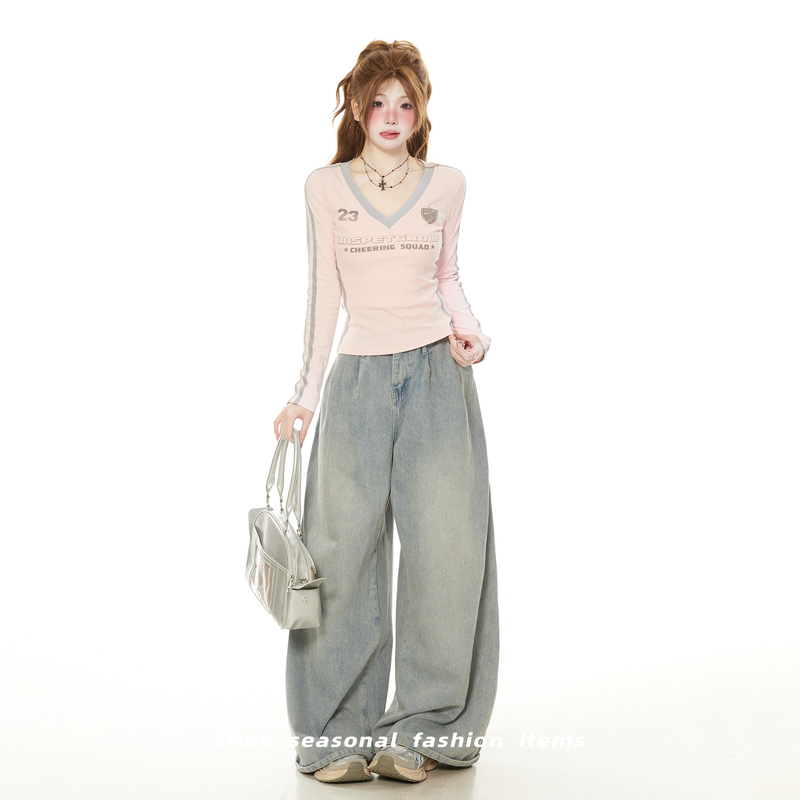 Millennial Y2K Hot Girl Long-Sleeve T-Shirt for Women, Spring and Autumn 2026 New Style, Stunning V-Neck Base Shirt, Slim-Fit Pink Top