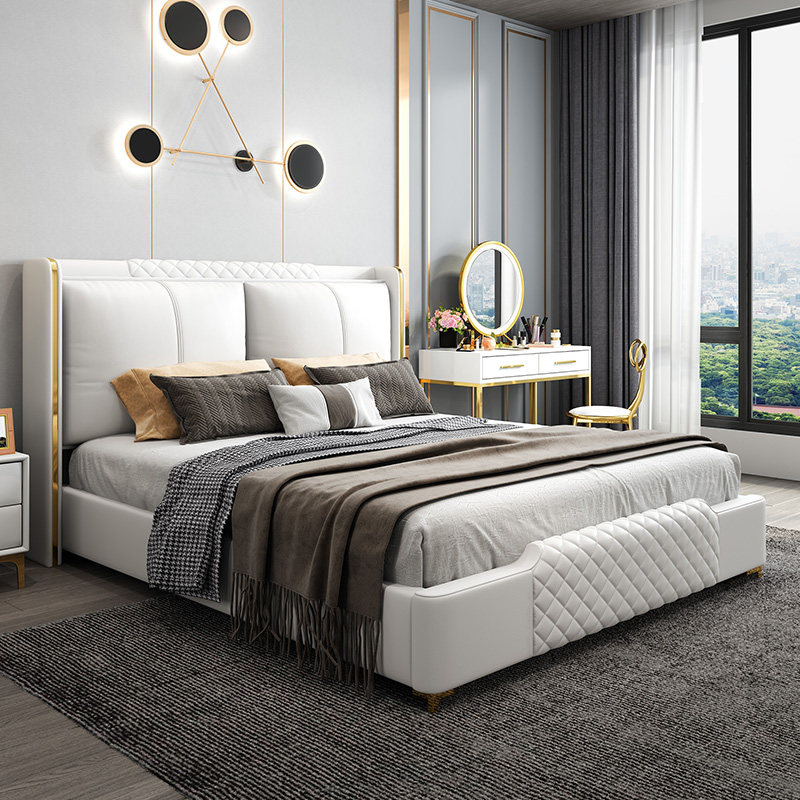 Light extravagant headlining cow leather bed modern minimalist solid wood genuine leather bed master bedroom with double bed 1 8m wedding bed leather art bed combination