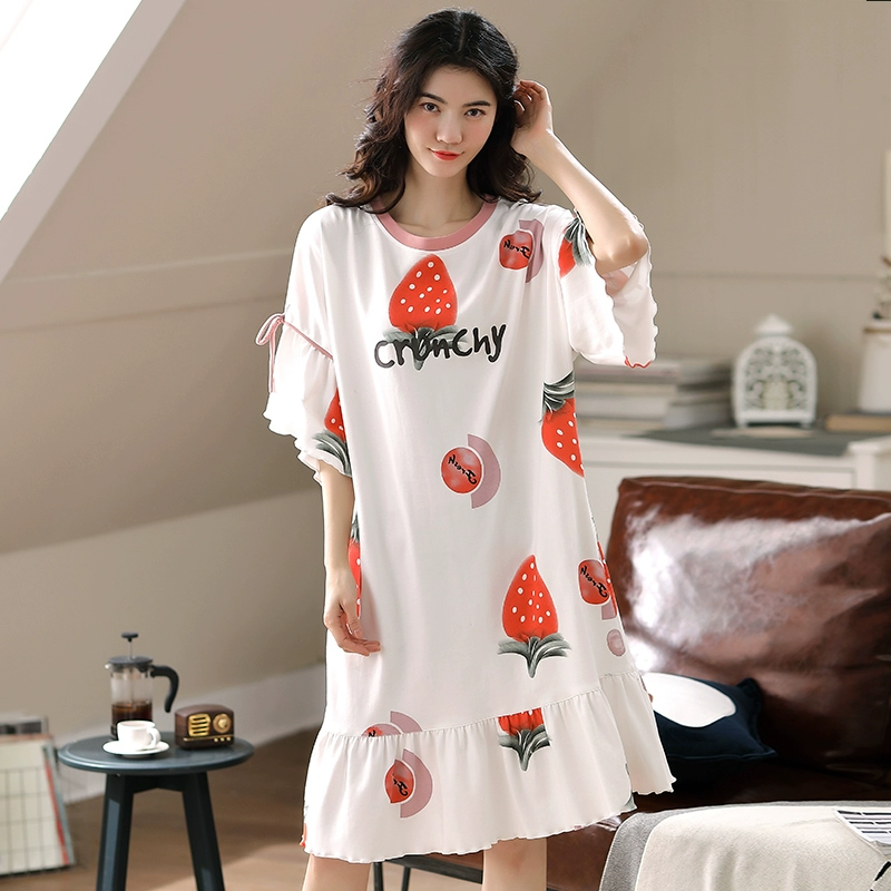 Váy ngủ của phụ nữ mùa hè cotton kiểu dáng dài trung bình có thể được mặc bên ngoài bộ đồ ngủ ngắn tay rộng rãi và dễ thương cho phụ nữ mùa xuân và mùa thu dịch vụ tại nhà mùa hè - Đêm đầm