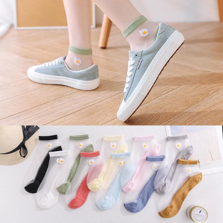 Mesh small daisy glass silk crystal stockings Children's socks shallow mouth net red ins tide invisible socks summer women thin section