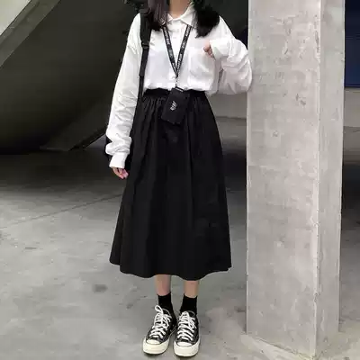 Spring and summer department new Korean white tooling skirt student retro a-line high waist pleated skirt skirt female ins