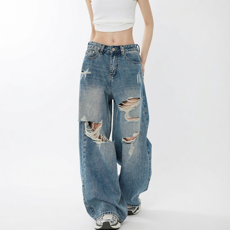 American Retro Ripped Wide-Leg Jeans for Women, 2026 Summer New Thin Loose Design High-Street Floor-Length Pants American Retro Ripped Wide-Leg Jeans for Women, 2026 Summer New Thin Loose Design High-Street Floor-Length Pants