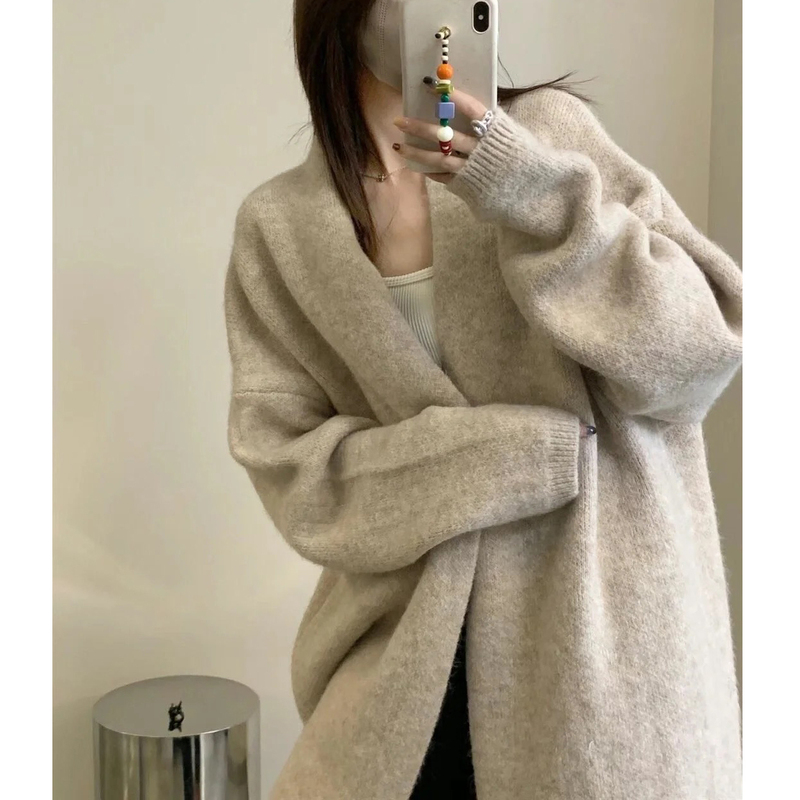Gentle and Lazy Style Milk Tea Oatmeal Color Sweater Cardigan for Women, Over-The-Knee Mid-Length Autumn and Winter Solid Color Oversized Coat