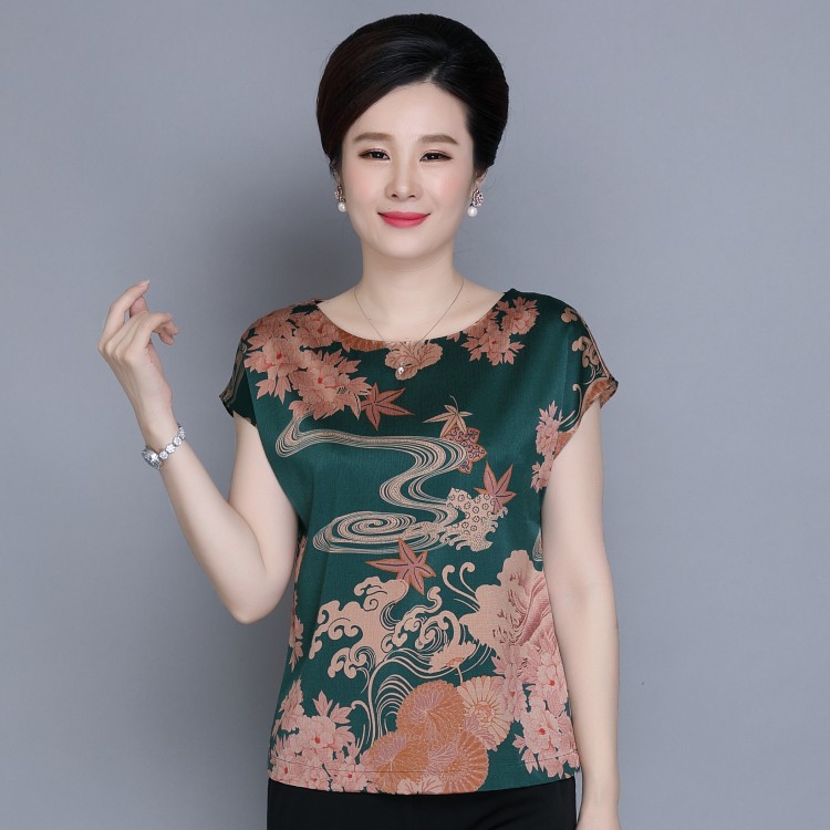 Sennu 2018 mới B21 lụa lụa ngắn tay áo sơ mi của phụ nữ in vòng cổ lụa lỏng mẹ ăn mặc những bộ đồ mặc nhà thanh lịch tuổi trung niên