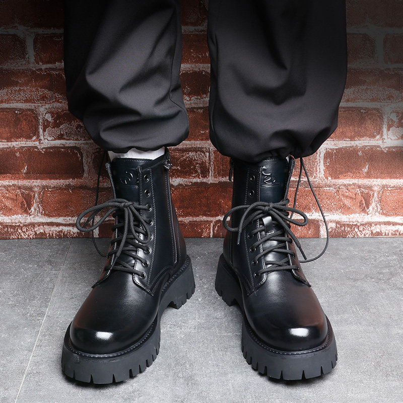 Genuine leather Martin boots men's British style high-top zipper trendy shoes retro thick-soled heightened spring and autumn workwear leather boots