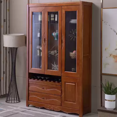 Solid Wood rubber wood high wine cabinet living room Chinese multifunctional glass storage cabinet display cabinet dining room dining cabinet against wall