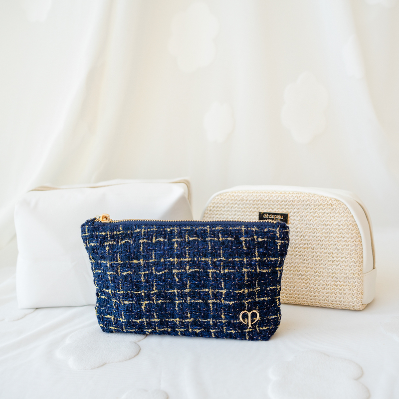 Free Shipping! Cpb High-End Blue Chanel-Style Makeup Bag with Gold Mesh, Fashionable Large-Capacity Storage Bag