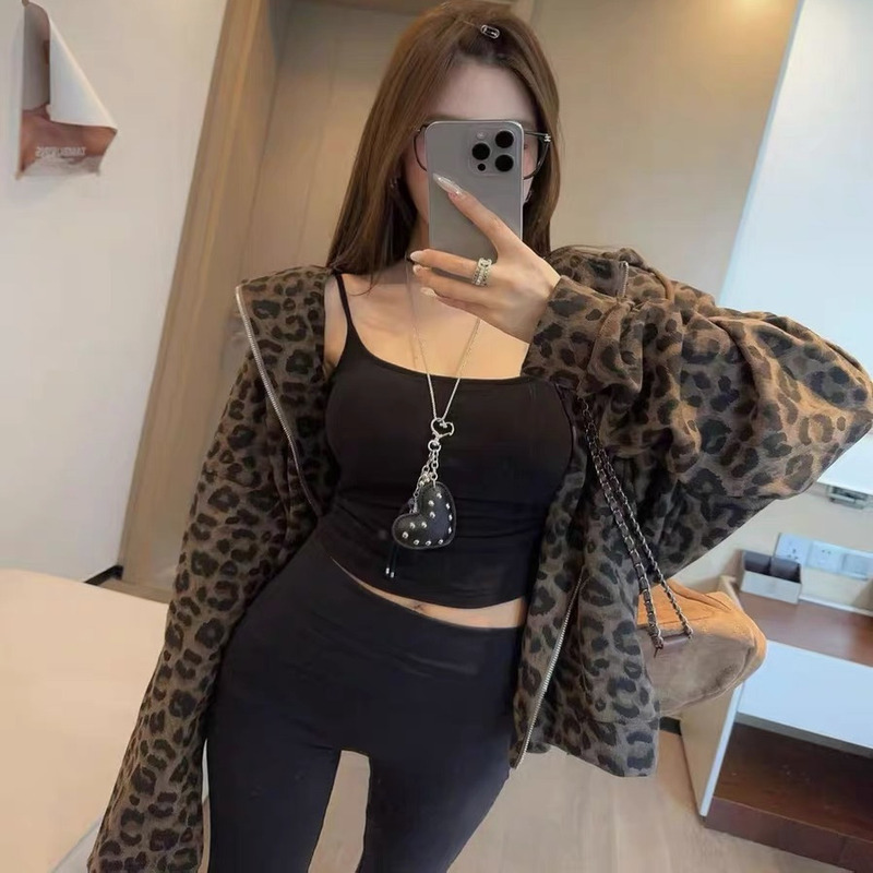 French-Style High-End Retro Leopard Print Hooded Jacket for Women, Autumn and Winter Fashion, Hot Girl Jacket and Bell-Bottom Pants Set