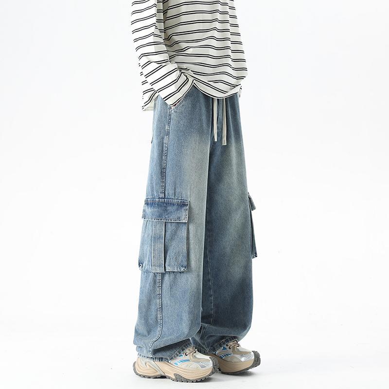 Dapige American-Style Washed Workwear Jeans for Men and Women, Spring Trendy Brand, Loose Fit, Plus Size, Wide-Leg Straight Casual Pants