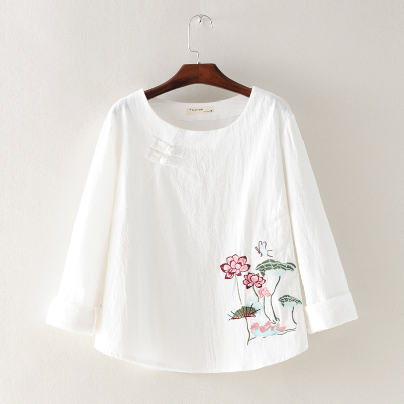 Chinese Style Lotus Embroidery Button Cotton and Linen Top for Women, Loose Spring Long-Sleeve T-Shirt, Spring Linen Base Shirt Chinese Style Lotus Embroidery Button Cotton and Linen Top for Women, Loose Spring Long-Sleeve T-Shirt, Spring Linen Base Shirt