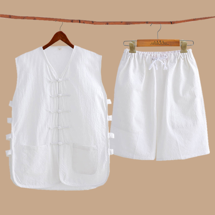 Waistcoat Male Suit Summer Cotton Numb Old Man Sweatshirt Pure Color Vest No Collar No Sleeves Casual Breathable China Mandarin Vest