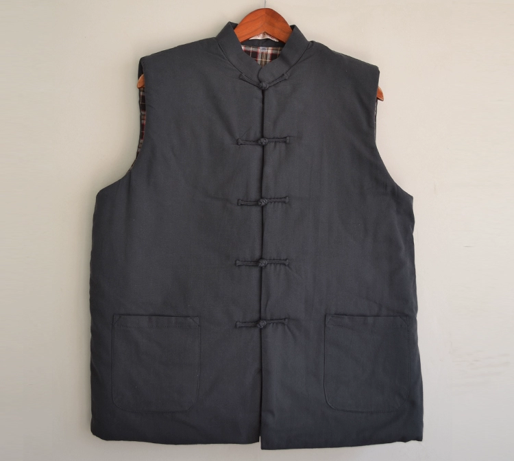 Áo khoác cotton nam, áo ấm bằng vải thô, áo vest trung niên màu xanh lá cây, có chần, bộ đồ Tang, dày, đồng phục dân tộc, mùa thu đông áo khoác không tay