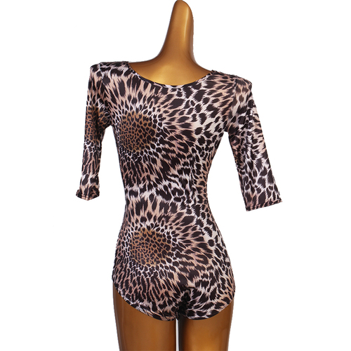 leopard Diagonal shoulder Latin dance bodysuits for women half sleeves Latin Dance Top ballroom dancing jumpsuits for female