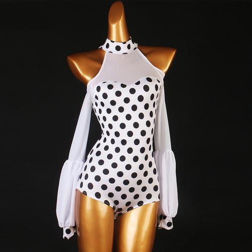 white with black polkad dot ballroom latin dance bodysuits for women national standard  ballroom dance top off shoulder Latin dance leotards 