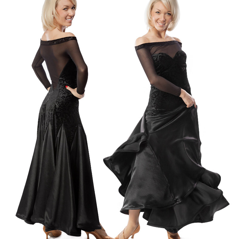 Flat shoulder one-neck ballroom dance competition skirt national standard dance big pendulum dress modern dance long sleeve dress new style