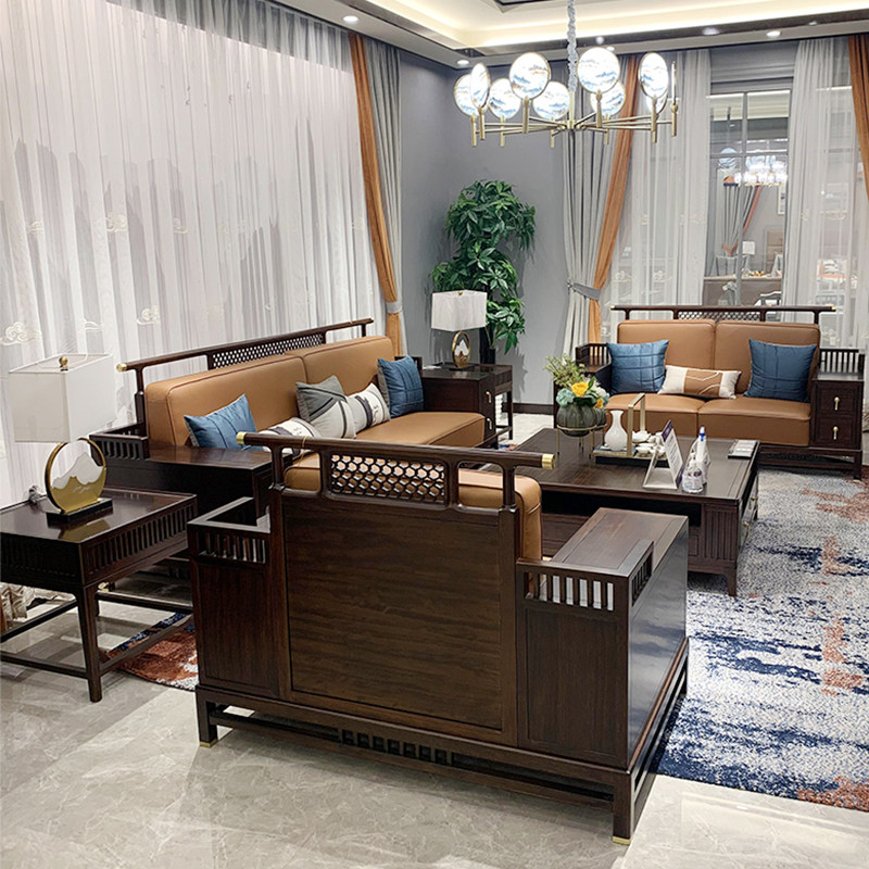 New Chinese style solid wood sofa combination large apartment ebony furniture living room modern ebony wood sofa whole house customization