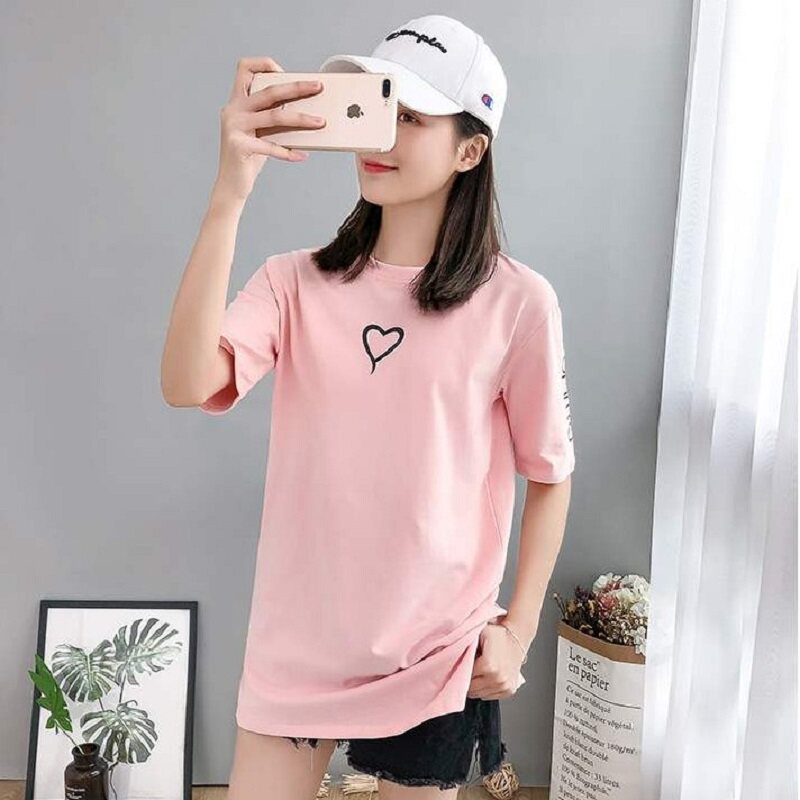 South Korea 2022 summer mid-length short-sleeved t-shirt female Korean version loose large size top slit round neck printed T-shirt tide