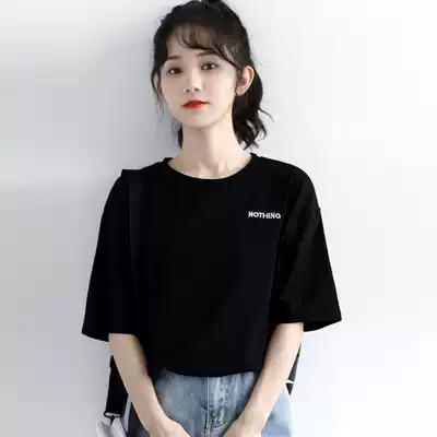 Korea 2021 summer new black short sleeve t-shirt women loose letter embroidered T-shirt ins tide cotton top