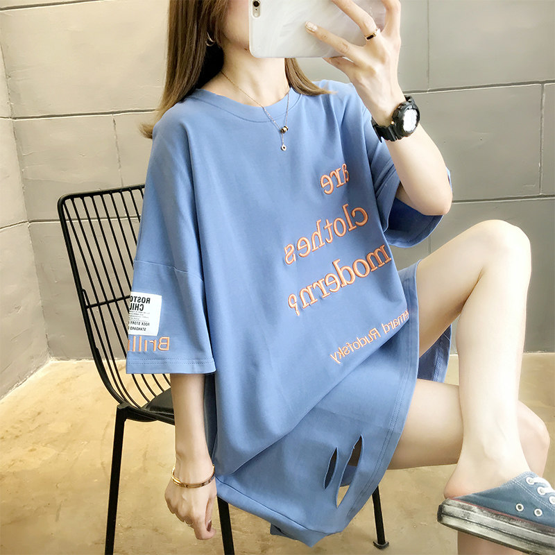 South Korea long cotton t-shirt women's short sleeve 2021 summer loose Korean version ins tide large size half sleeve top t-shirt