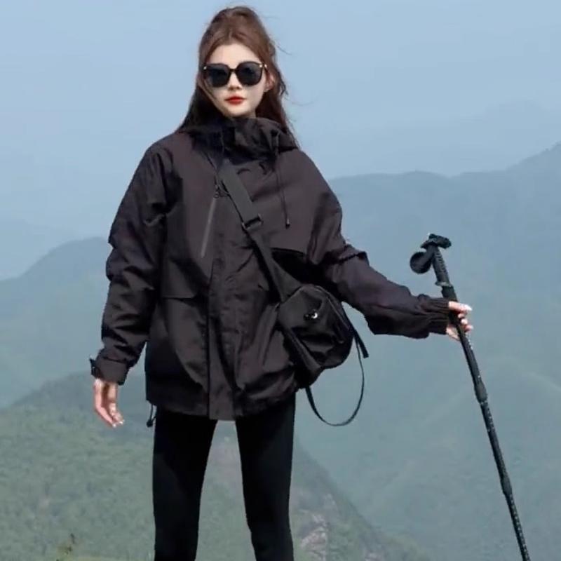 Baulmainpaul Black Jacket for Women, Spring and Autumn Loose Hooded Coat, Versatile Thin Top for Petite Figures