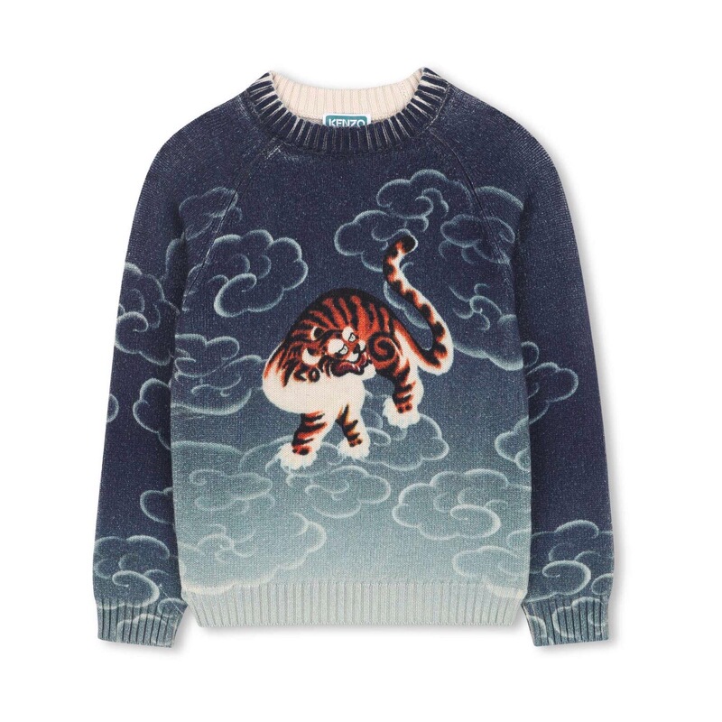 In Stock Kenzo 25 Autumn/Winter Children's Boys' Blue Tiger Logo Knit Sweater