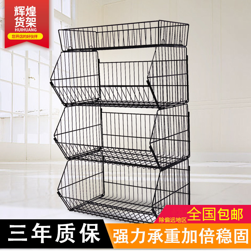 Supermarket slanted basket shelf convenience store snack display stand with wheels Multi-layer beverage commissary movable shelf