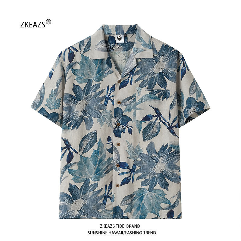 Linen Tencel Cuban Collar Short-Sleeved Printed Shirt Retro Resort Style Seaside Casual Hawaiian Loose Shirt Linen Tencel Cuban Collar Short-Sleeved Printed Shirt Retro Resort Style Seaside Casual Hawaiian Loose Shirt
