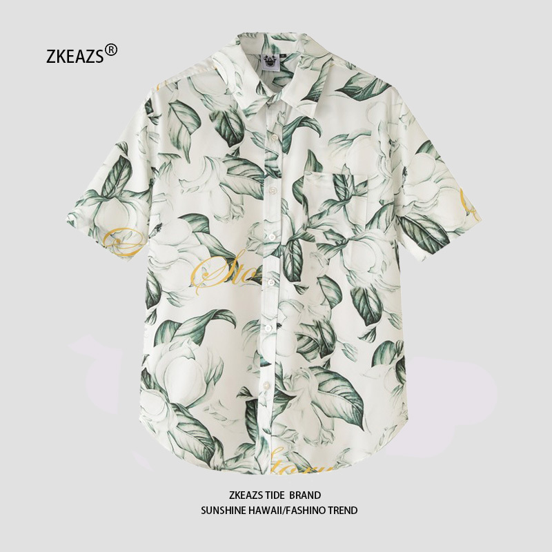 Summer Short-Sleeved Floral Shirt for Men, High-End Hong Kong Style, Southeast Asian Hawaiian Leaf Print Beach Shirt, Cool and Handsome