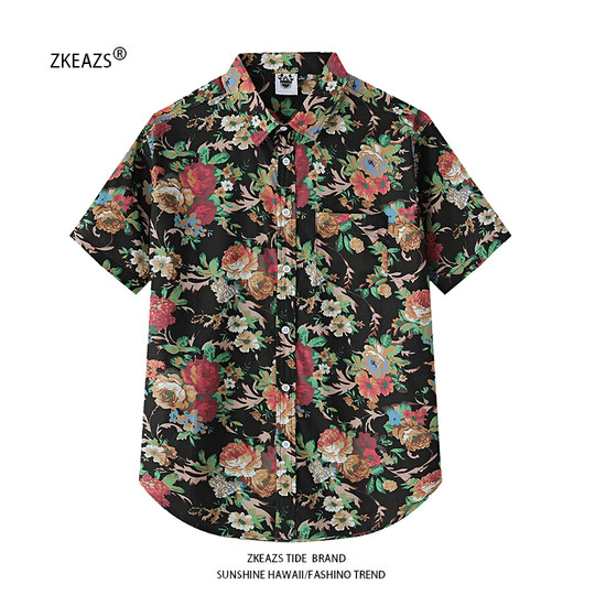 Combed cotton high-end men's short-sleeved floral shirt Southeast Asian Hong Kong style retro rose floral handsome shirt thin section