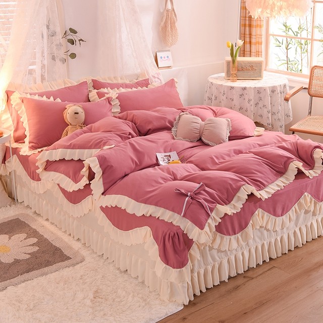 Korean style lace bed skirt set four-piece pure cotton light luxury quilt cover naked sleep quilt bed cover bed cover style girly heart